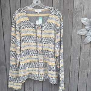 Skies Are Blue Patterned Cardigan with Yellow and Black Stripes